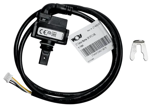 Sensor mit Kabel, hergestellt von Wolf. Enthält einen Stecker und eine Befestigungsklammer. Das Kabel weist mehrere Farbcodierungen auf.